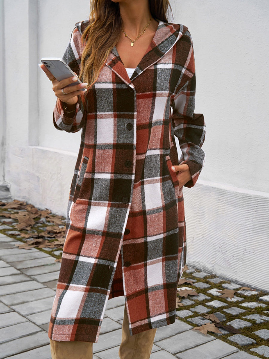 Contrasting Colors Pocket Plaid Mid-length Coats