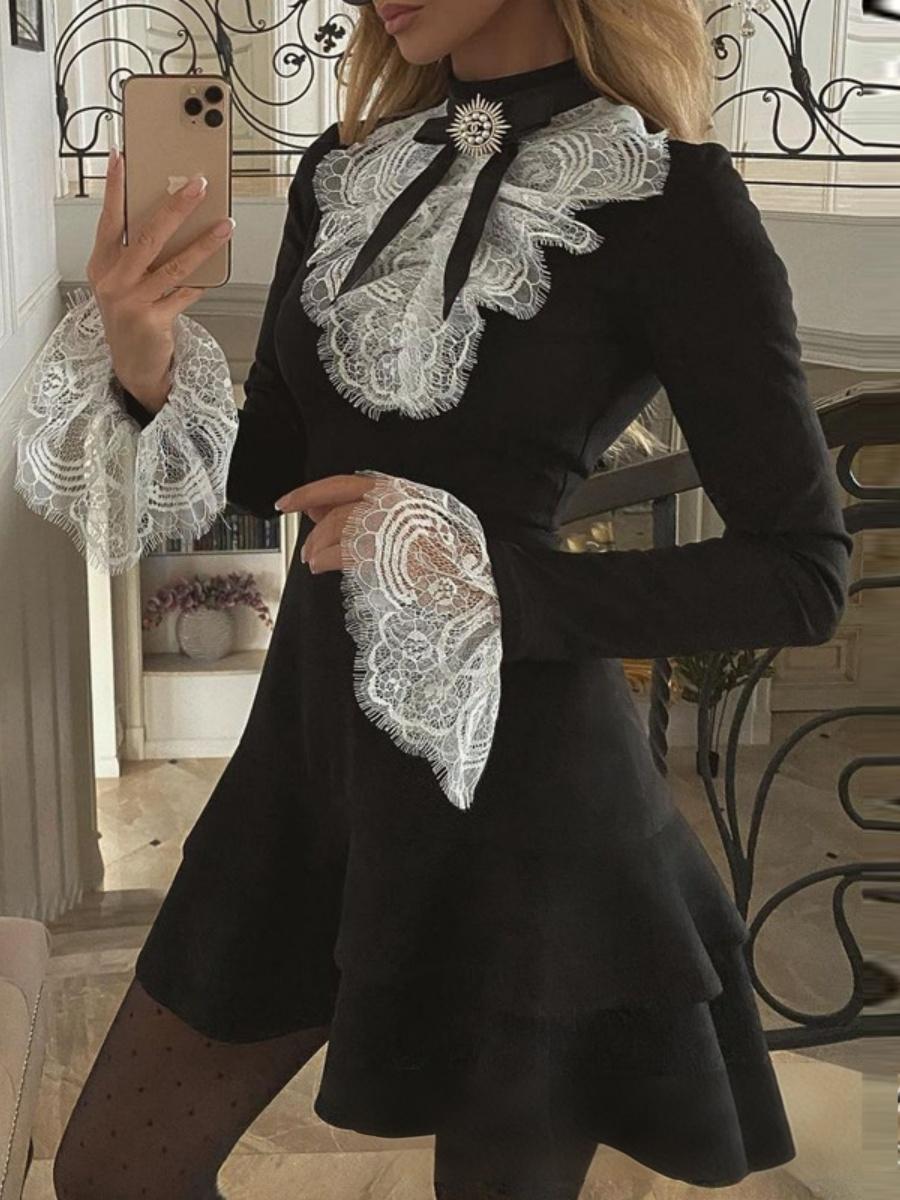 Velvet Black Lace Stitching Waist Mini&Short Dresses