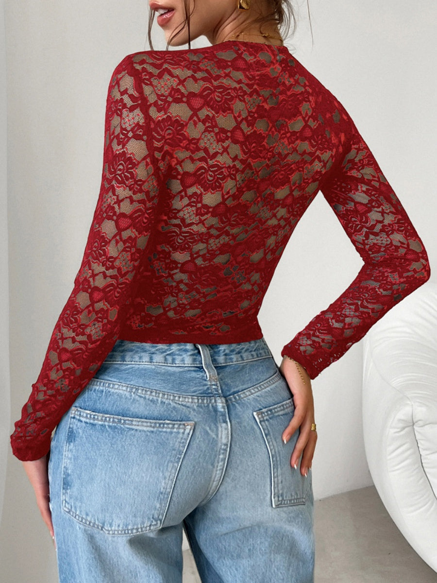 Sexy Slim-fitting Hollowed-out Long-sleeved Tie-up Lace Top