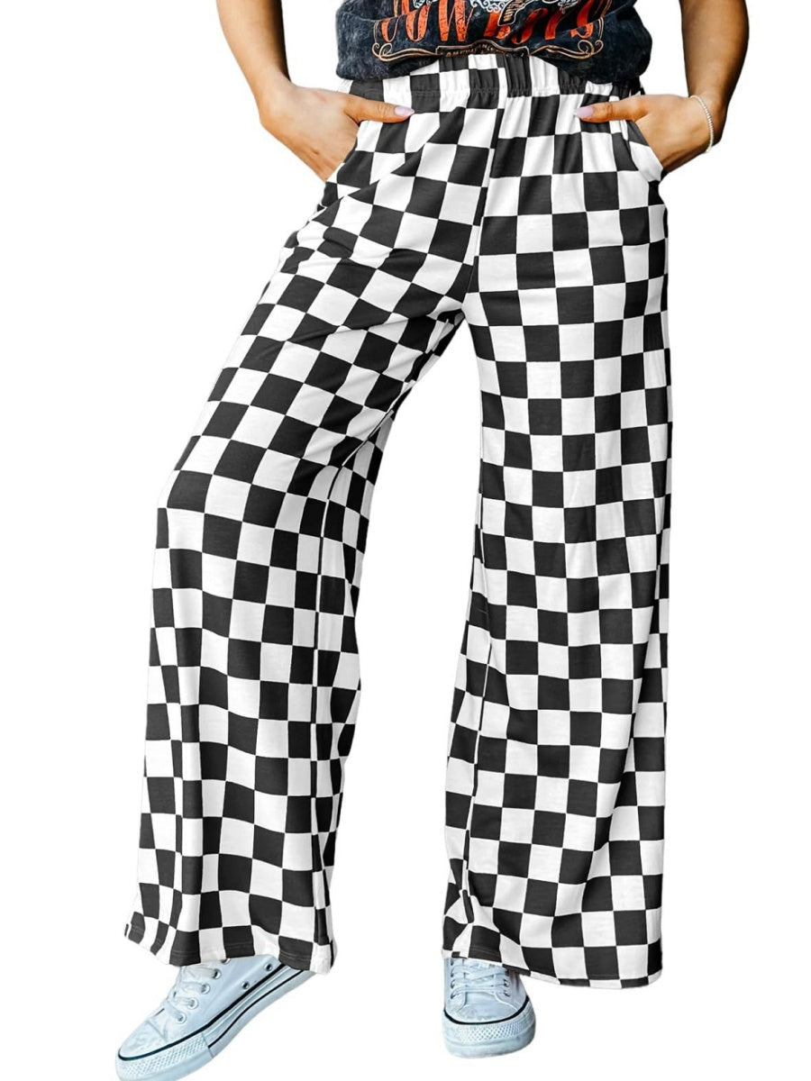 Straight-sided Checkerboard Pattern Printed Leisure High Waist Wide-leg Trousers
