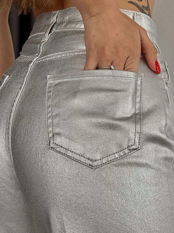 Pocketed, Loose-fitting, Wide-leg, Retro Straight-leg Style In Gold And Silver. Pants