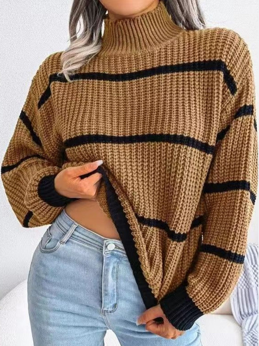 Turtleneck Loose Striped Colors Long Sleeve Sweaters