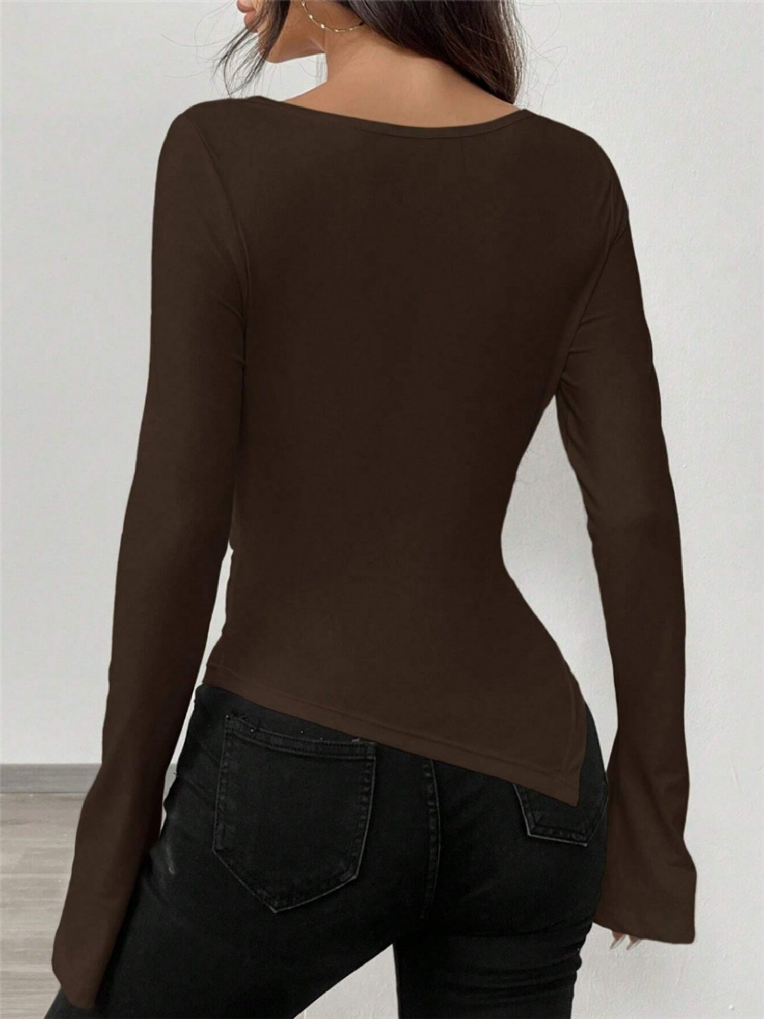 V-neck Off-shoulder Irregular Folds Long-sleeved T-shirt