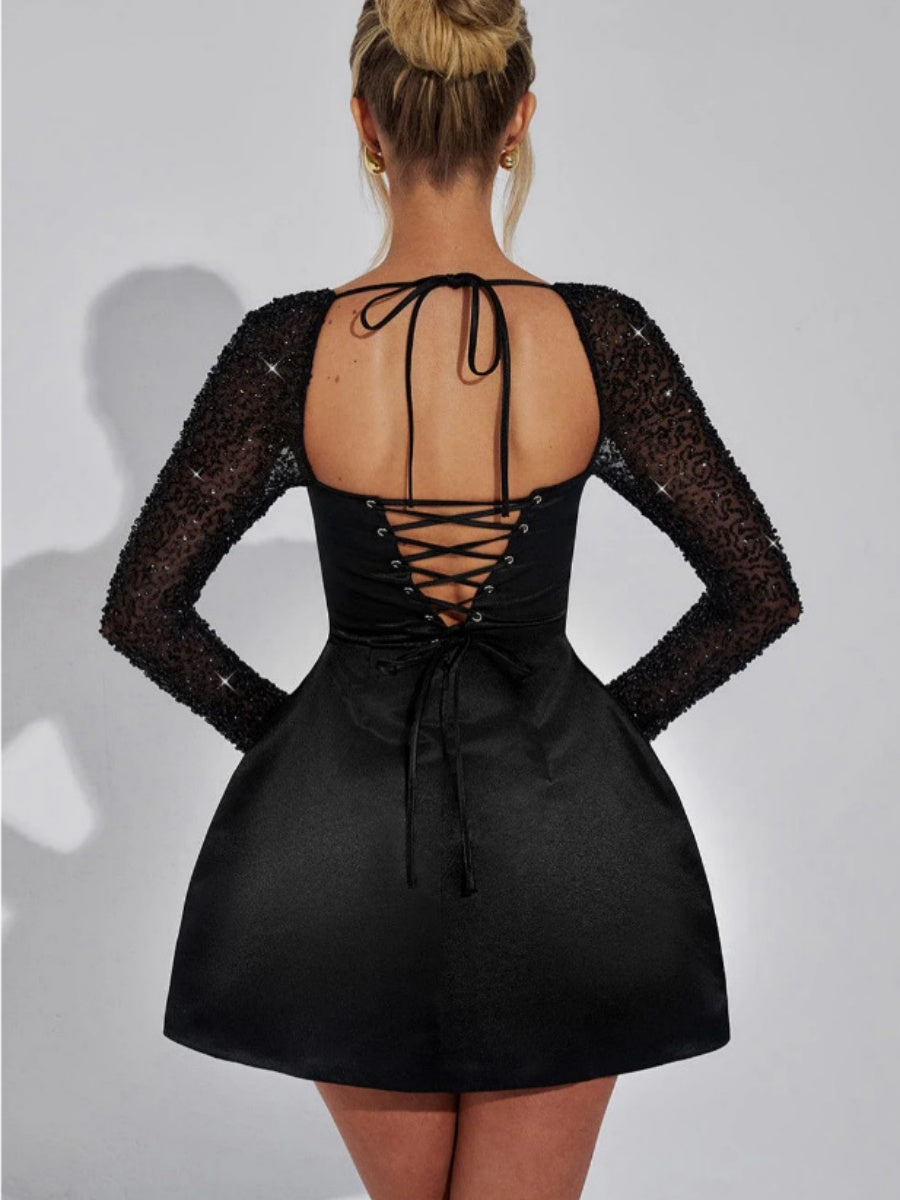 Square Neck Lace Low-cut Splicing A-pendulum Long Sleeve Bandage Short Dress For Cocktail Party