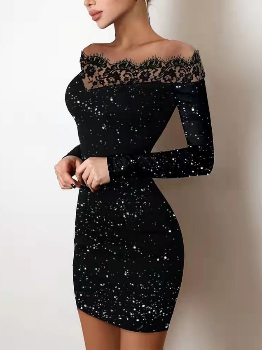 Off-the-shoulder Lace Splicing Sexy Silver-stamped Off-shoulder Bodycon Black Evening Mini Dress