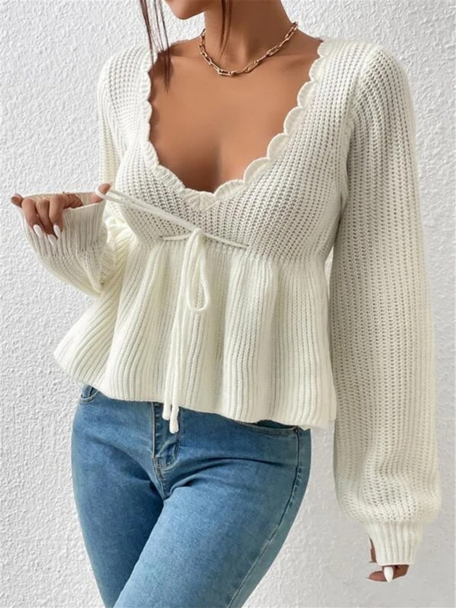 V-neck Drawstring Ruffled Skirt Knitted Pullover Sweater