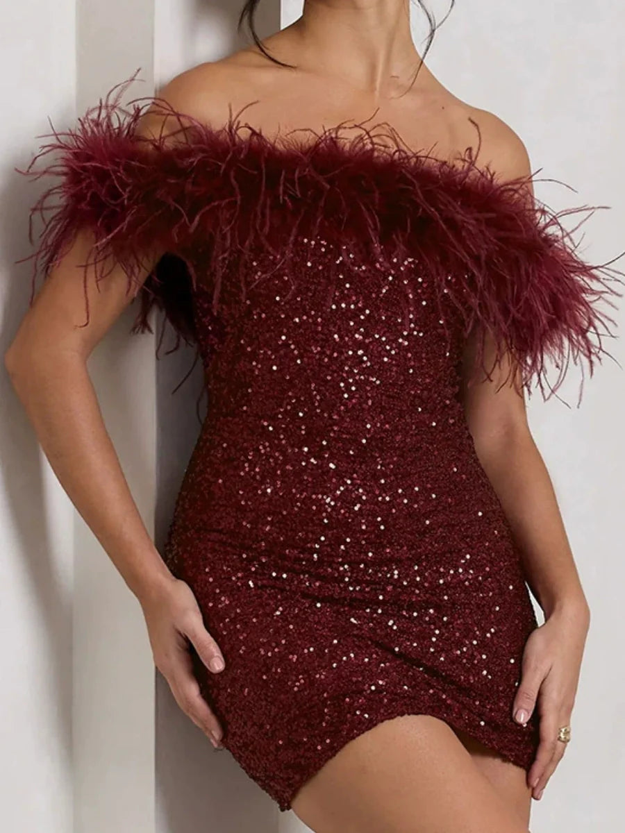 Strapless Feather Sequins Splicing Off Shoulder Dinner Short Dress For Cocktail Party