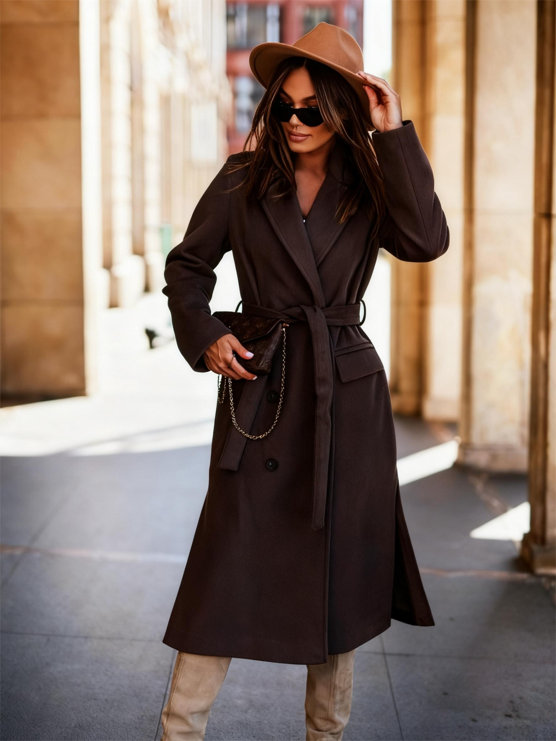 Simple Long-sleeved Suit Collar Tie Wool Solid Color Coats