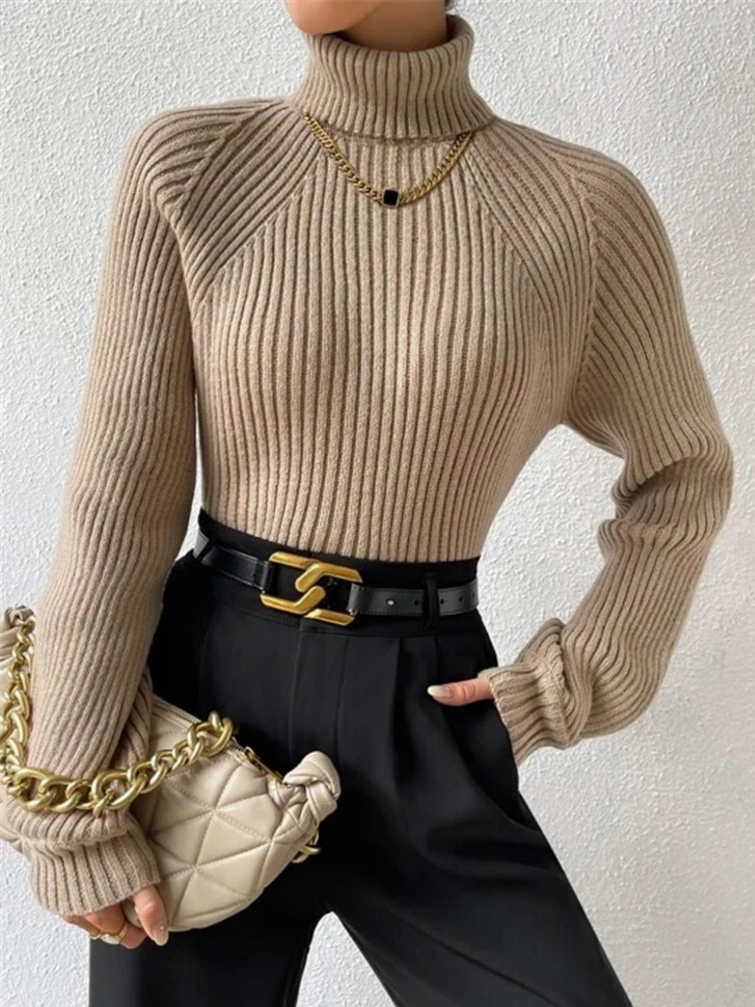 Turtleneck Raglan Sleeves Knitted Pullover Sweater