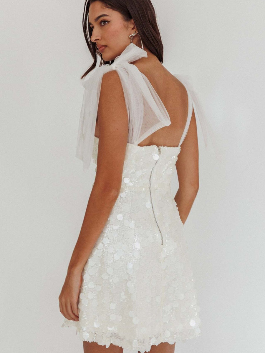 Sexy Halter Top Low-cut Gauze Ribbon Slim Fit Sequins Parties Christmas Party Short Dress