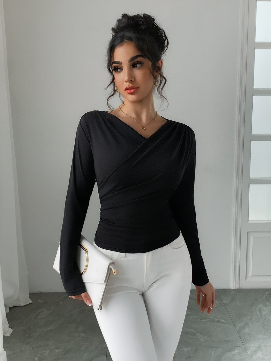Off-shoulder V-neck Long-sleeved Cross-pleats Slim Fit Everyday T-shirts