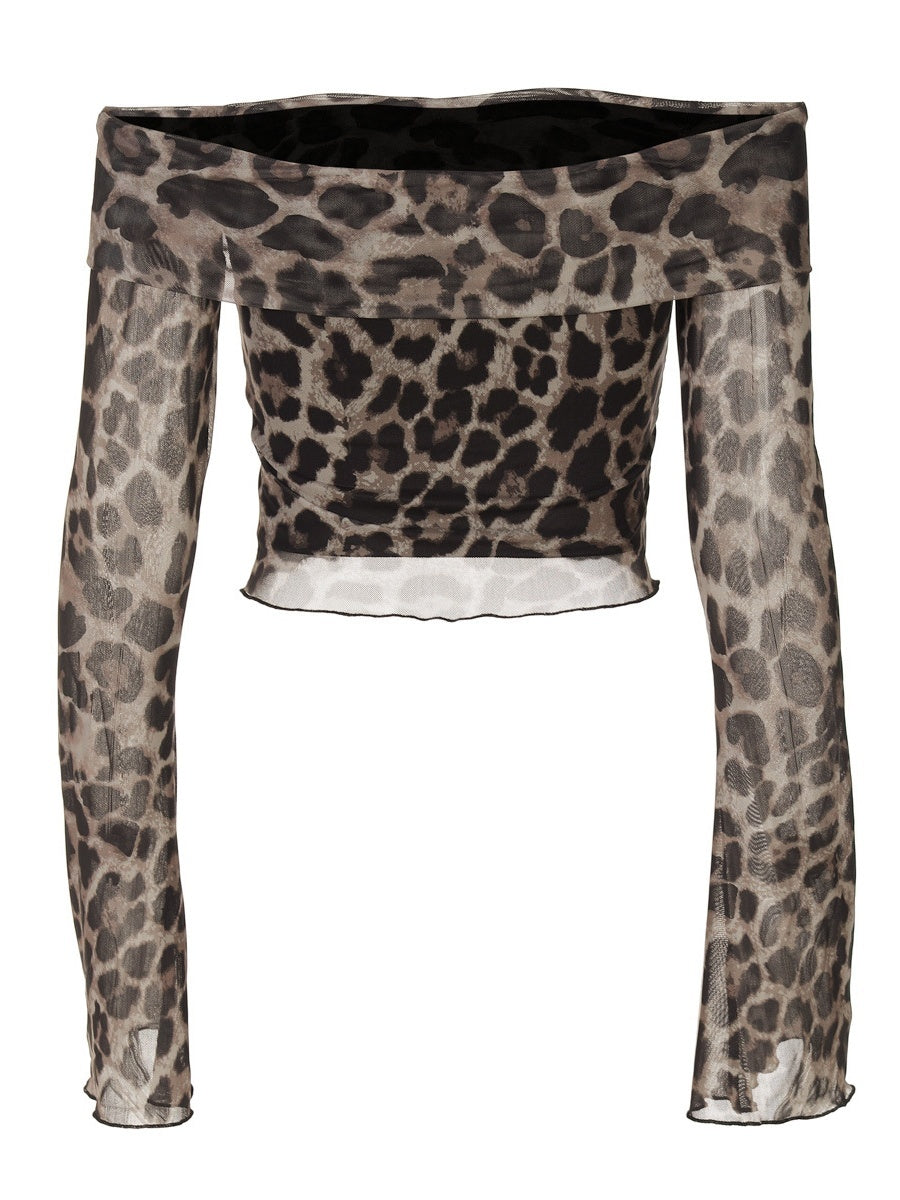 Sexy Off Shoulder Long Sleeve Navel Leopard Print Sexy Top