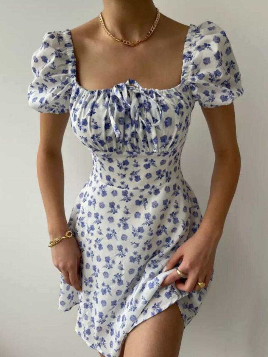 Zipper Floral Printed Short sleeve Mini&Short Dresses