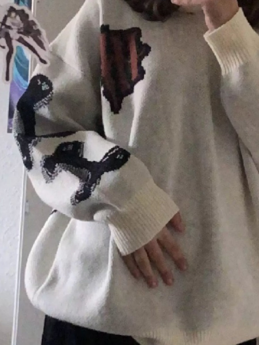 Lazy Style Jacquard Skeleton Knitwear Street Loose Crew Neck Sweaters