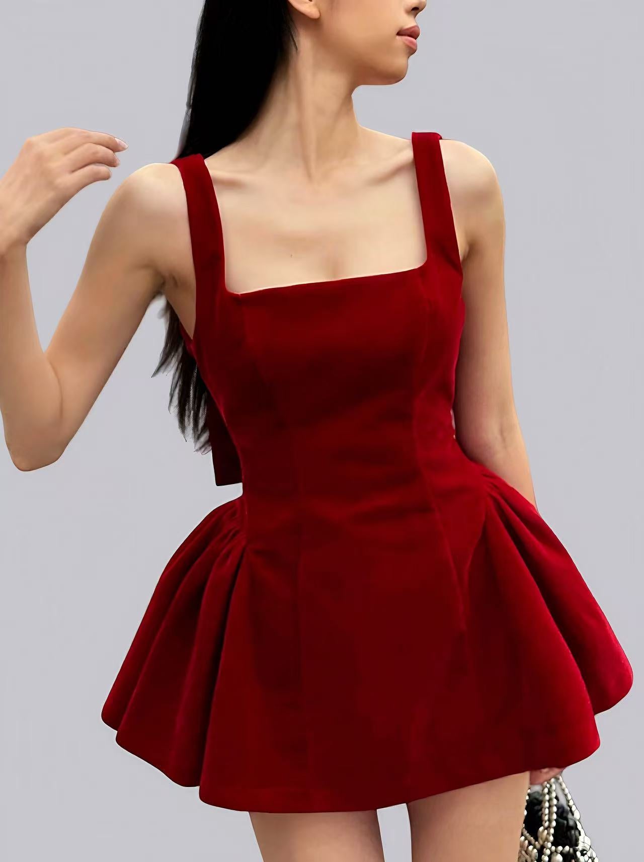 Bow Red Velvet Sexy Backless A-line Skirt Mini&Short Dresses