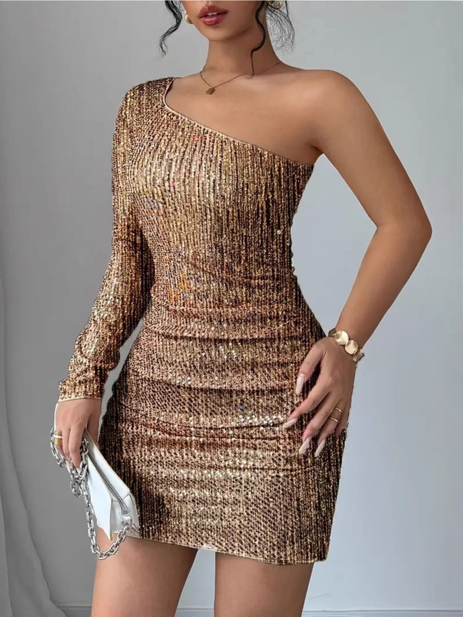 Sloping Shoulders Sequins Long Sleeves Hip Wrap Mini&Short Dresses