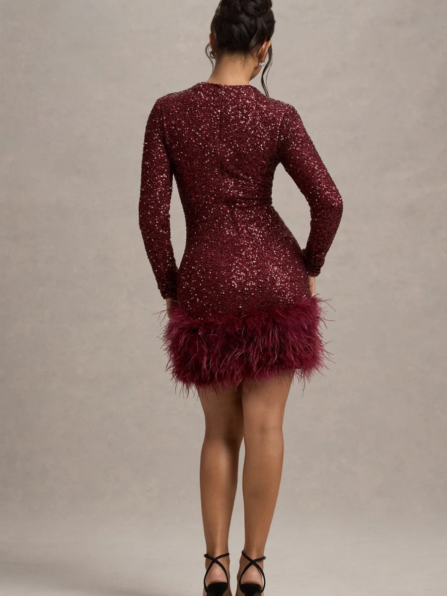 Sequins Feather Trim Mini Dresses