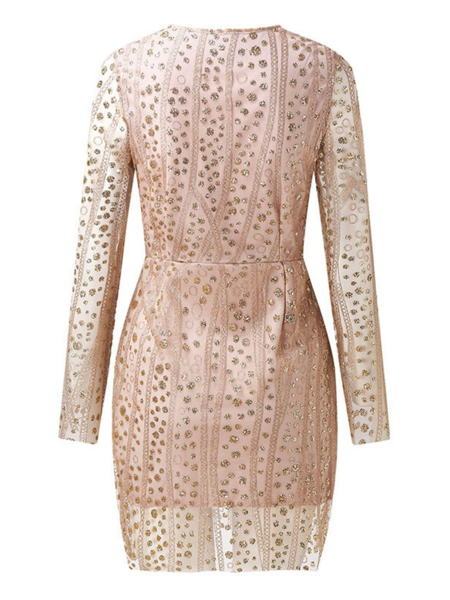 Deep V Long Sleeve Polka Dot Sequins Mini&Short Dresses