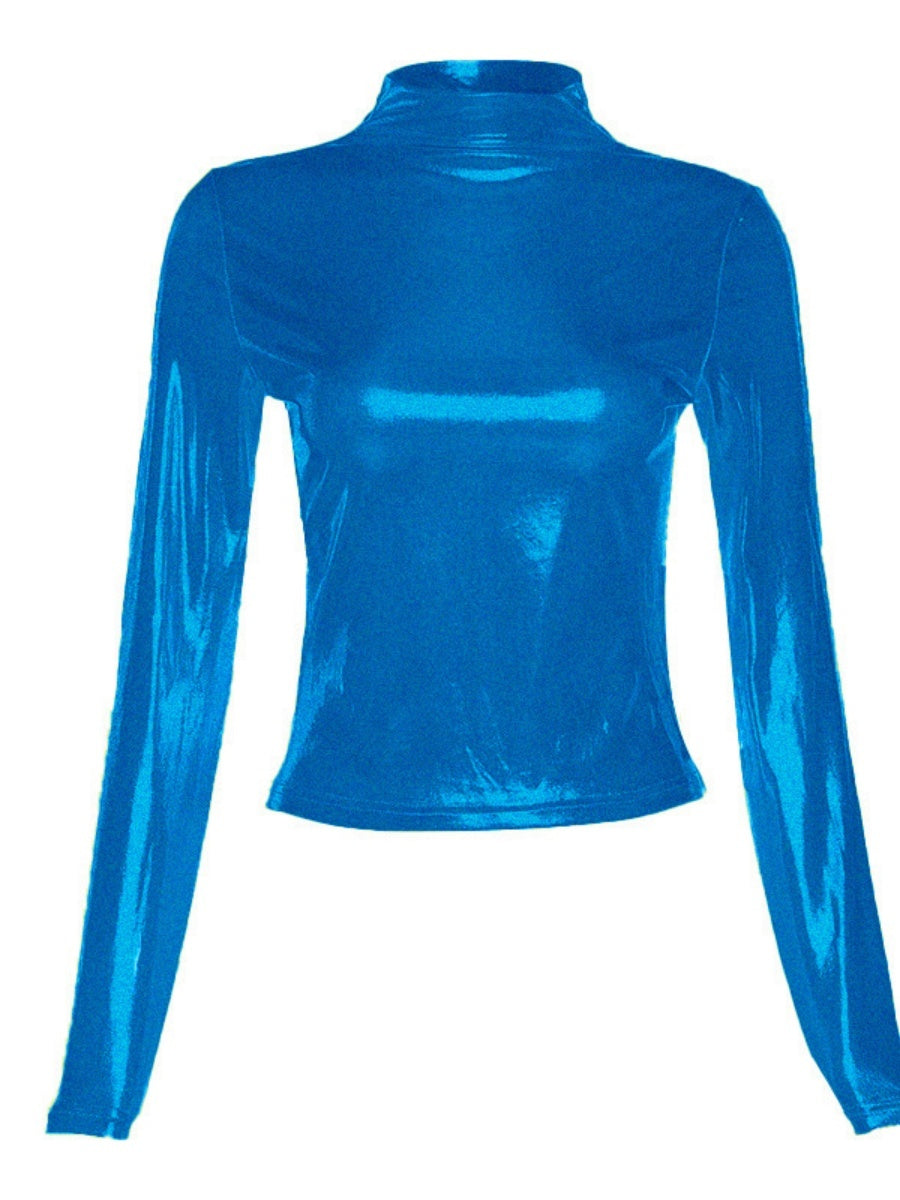 Half Turtleneck Patent Leather Metallic Color Long Sleeve Tight Fit T-shirts