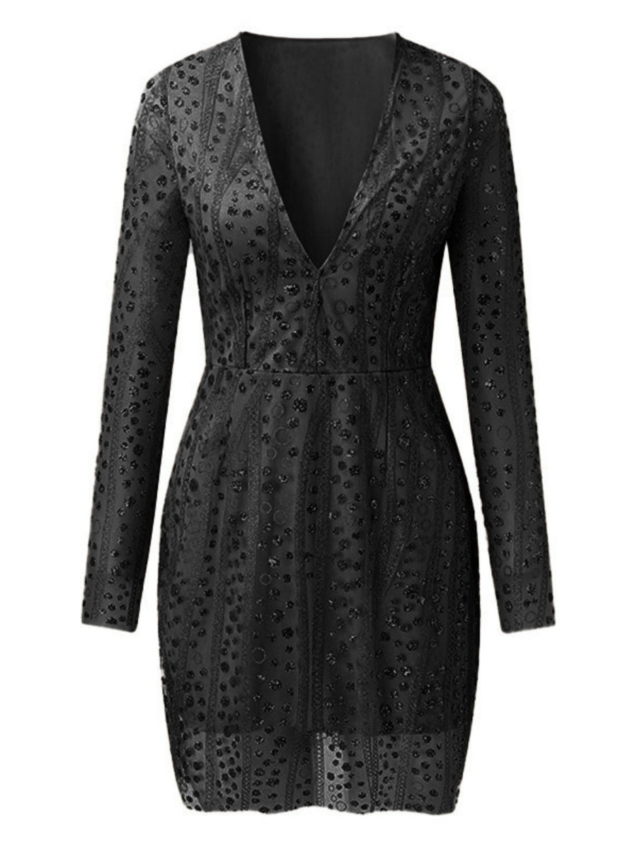 Deep V Long Sleeve Polka Dot Sequins Mini&Short Dresses
