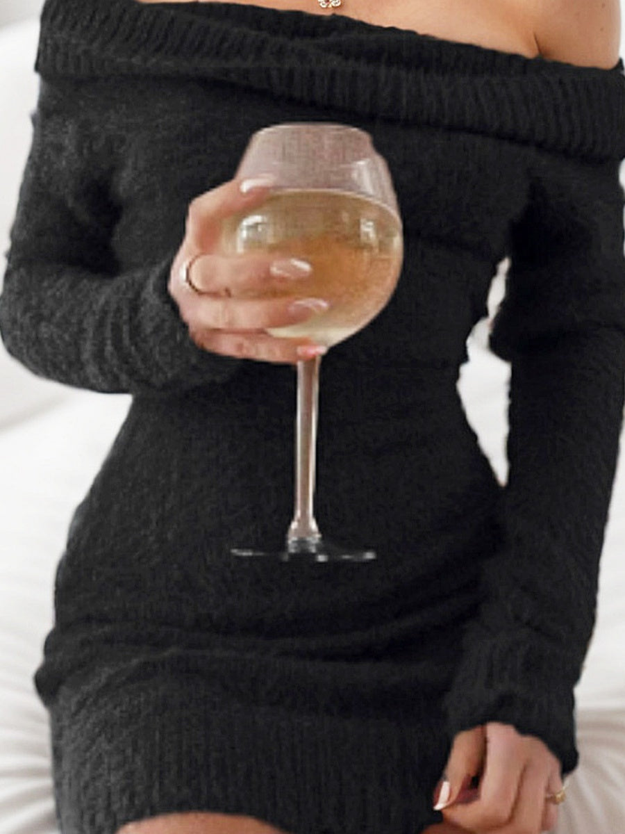 Off-shoulder Long Sleeve One-shoulder Collar Hip Knitting Mini&Short Dresses