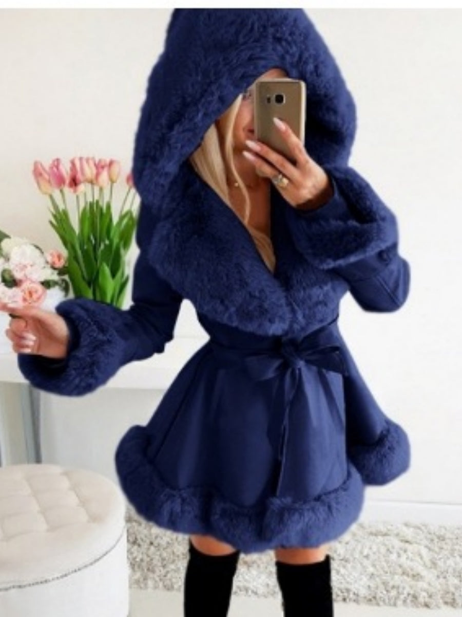 Furry Patchwork Ruffle Solid Color Ribbon Hooded Coats