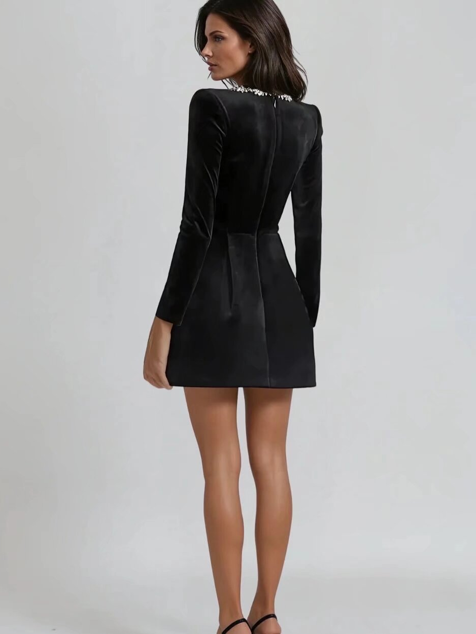 Square Collar Long Sleeve Diamond Velvet Mini&Short Dresses