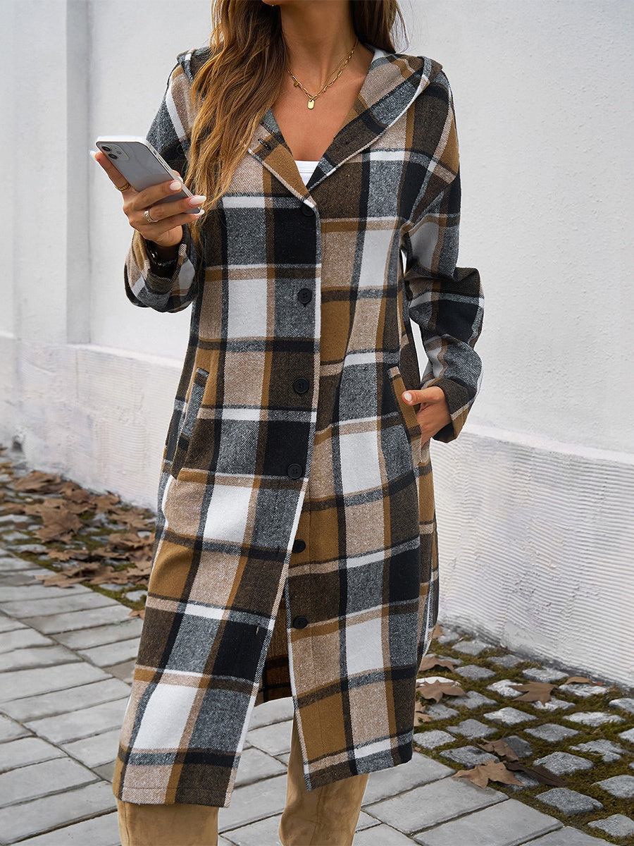 Contrasting Colors Pocket Plaid Mid-length Coats