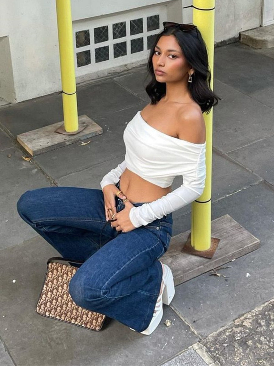 Women's Navel Off Shoulder Long-sleeved T-shirt