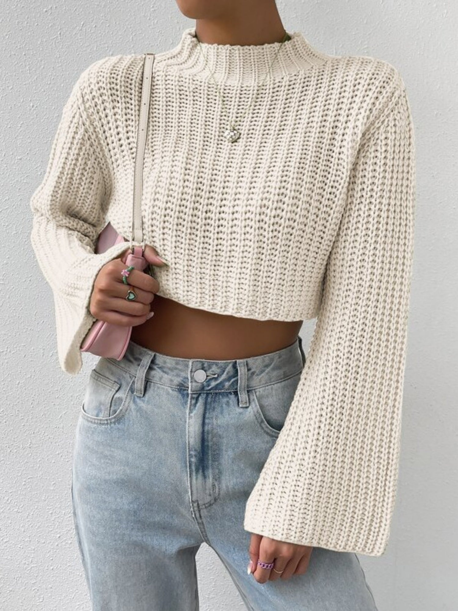 High-waisted Short Bell Sleeves Mock Neck Pullover Sweater
