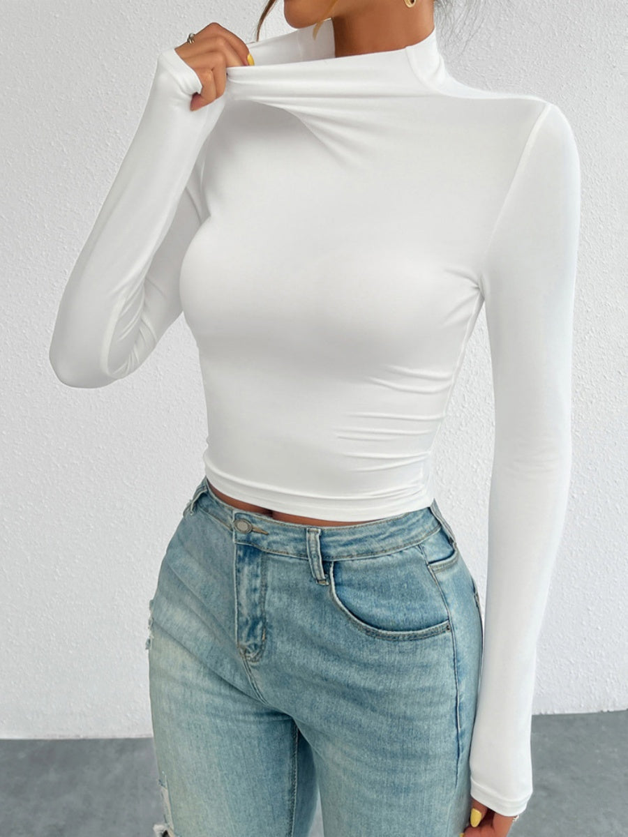 Simplicity Navel Solid Color Turtleneck Long Sleeve T-shirts