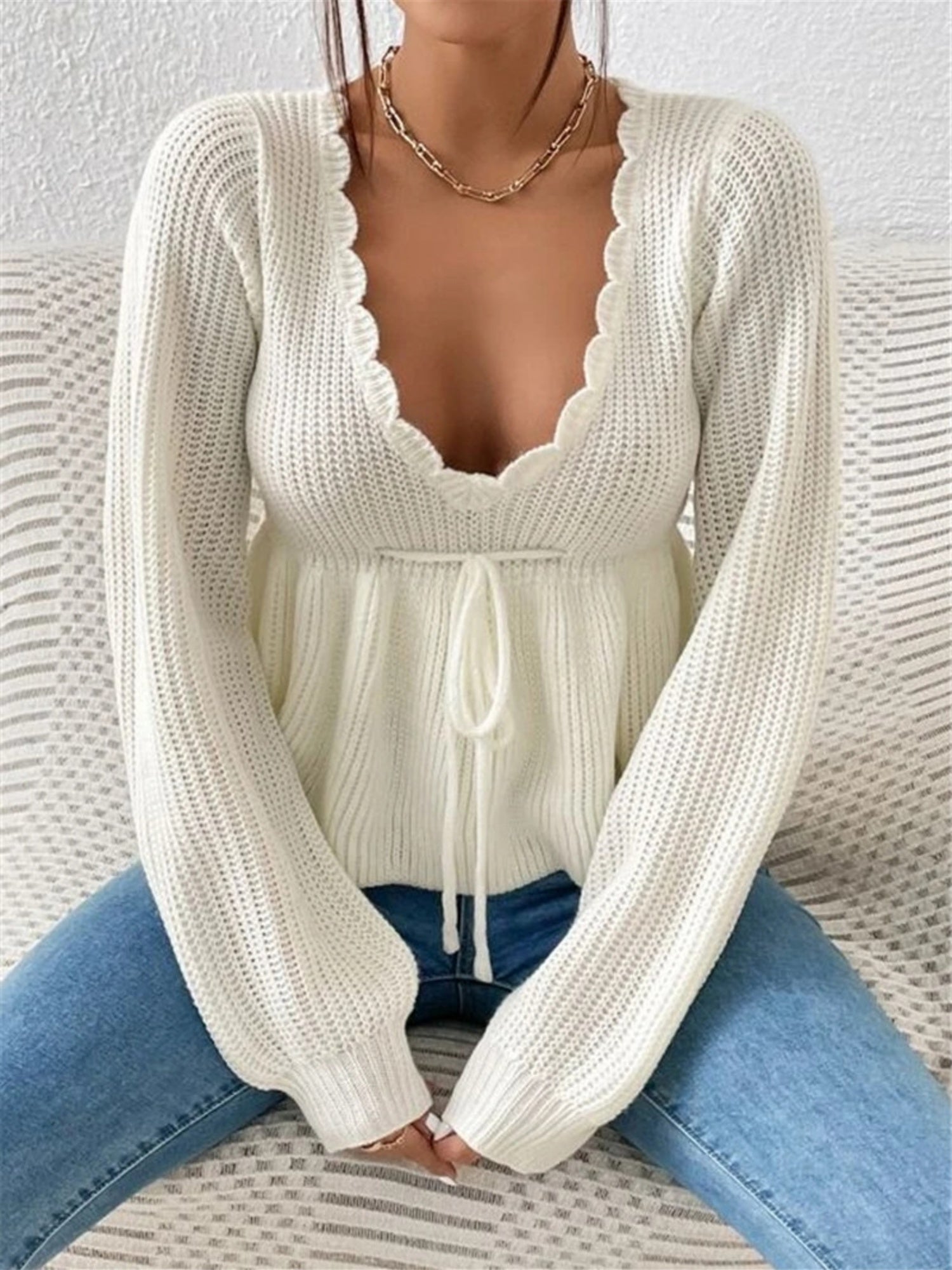 V-neck Drawstring Ruffled Skirt Knitted Pullover Sweater