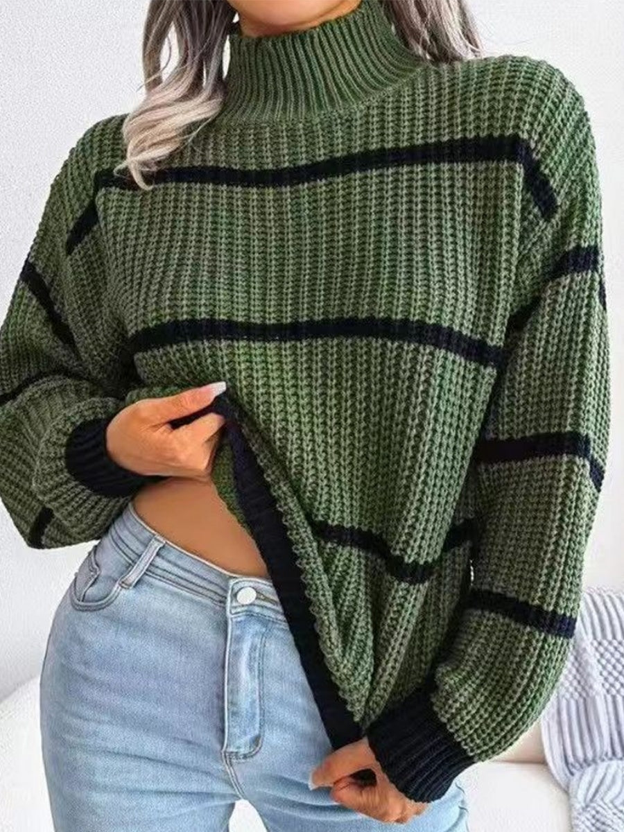 Turtleneck Loose Striped Colors Long Sleeve Sweaters
