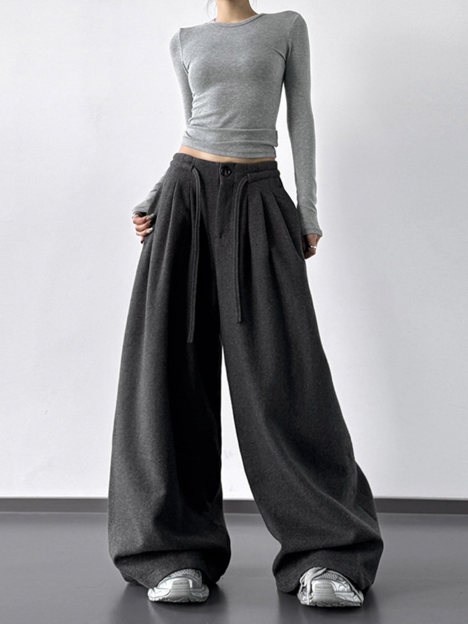 Thickened For Autumn And Winter Straps Buttons Casual Pants Wide-leg Pants