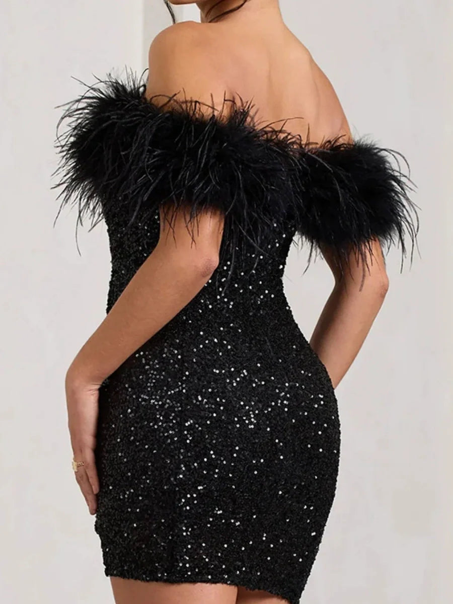 Strapless Feather Sequins Splicing Off Shoulder Dinner Short Dress For Cocktail Party