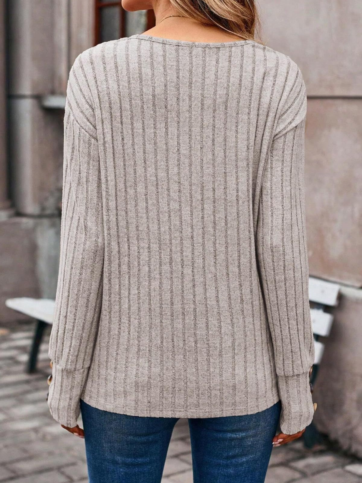 Long Sleeve V Collar Buttons Solid Color T-shirts