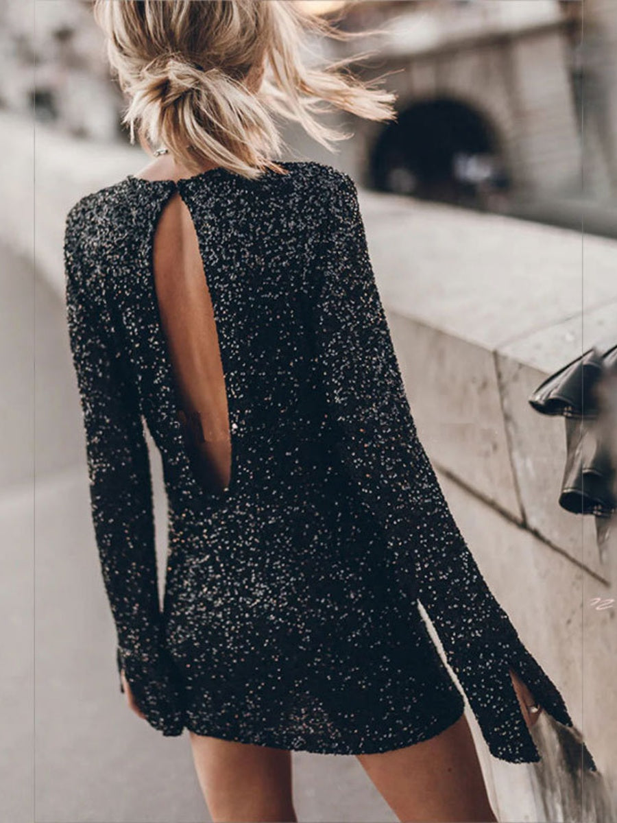Sequins Long Sleeve Hip Mini&Short Dresses