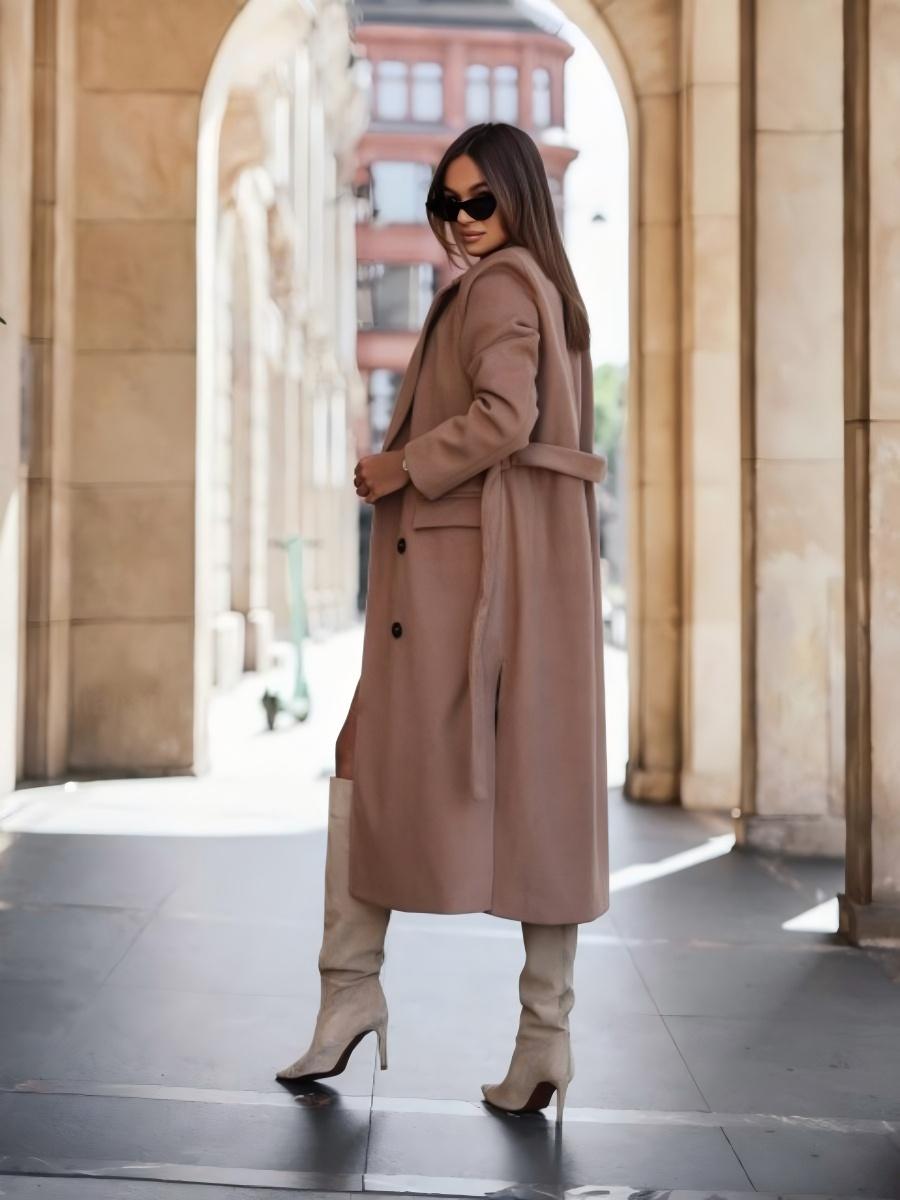 Simple Long-sleeved Suit Collar Tie Wool Solid Color Coats