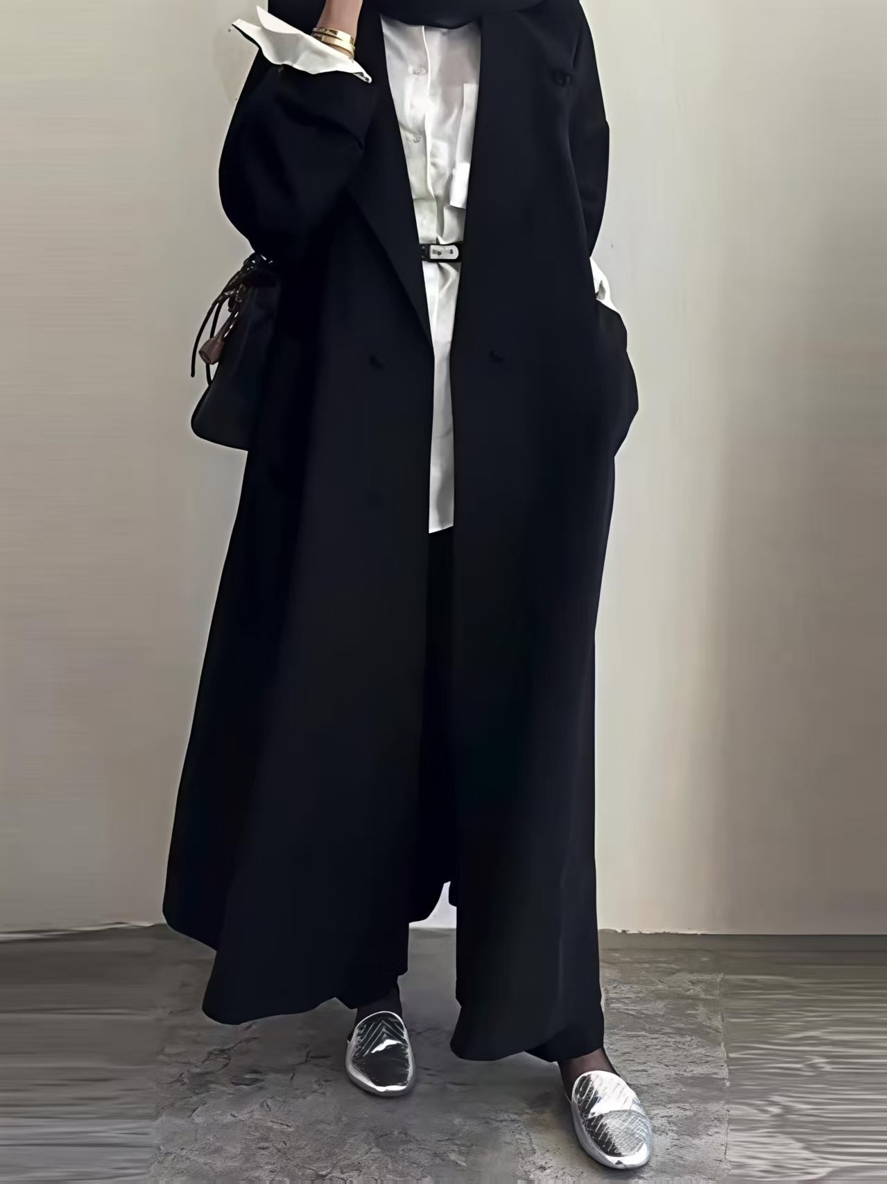 Black Mid-length Long Sleeve Coats