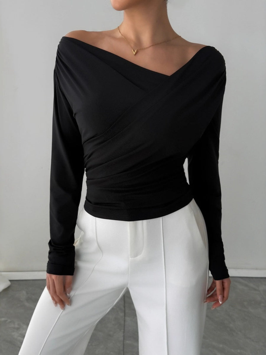 Off-shoulder V-neck Long-sleeved Cross-pleats Slim Fit Everyday T-shirts