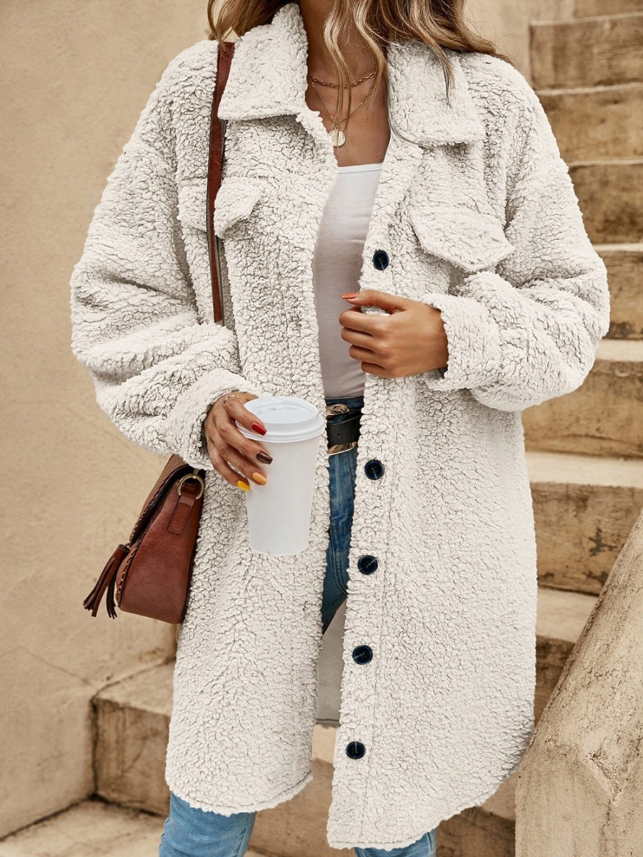 Open Buckle Lapel Pocket Plush Loose Coats