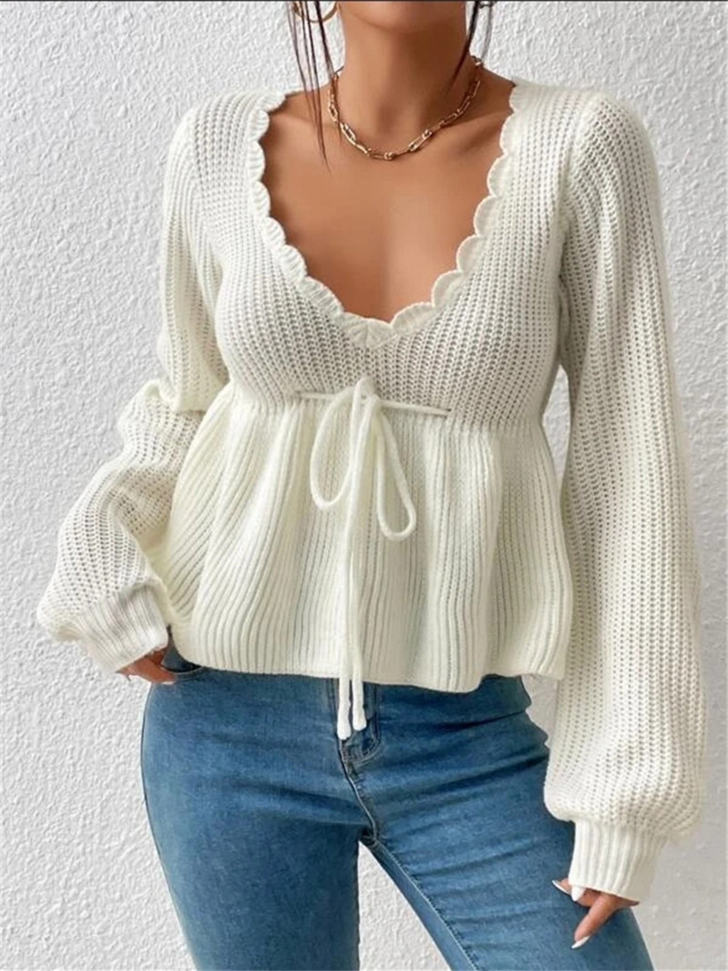V-neck Drawstring Ruffled Skirt Knitted Pullover Sweater