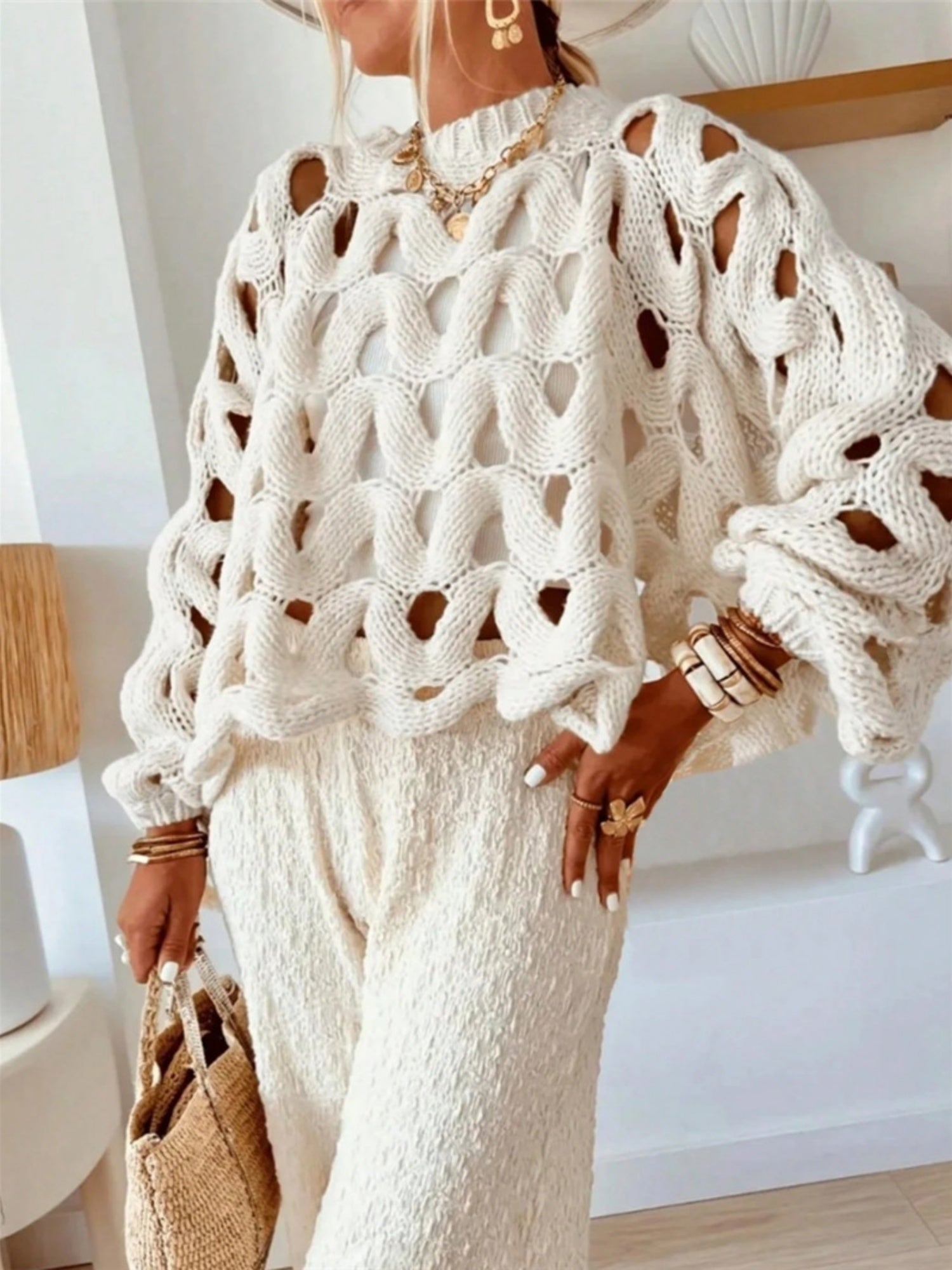 Hollow Out Crochet Long-sleeved Knitted Sweater