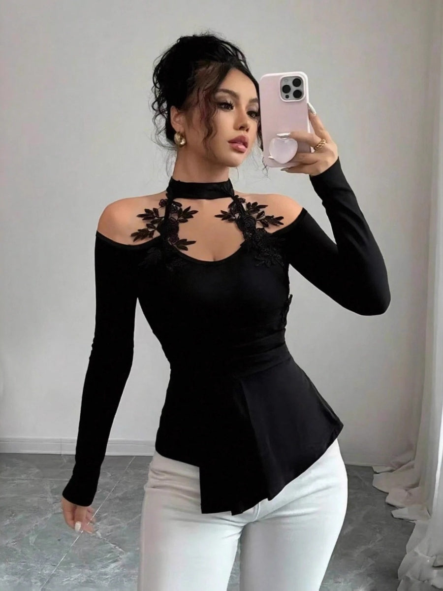 Black Halter Neck Style Off-shoulder Lace Decoration Ruffled Hem Waist Elegant Party Outfit T-shirt