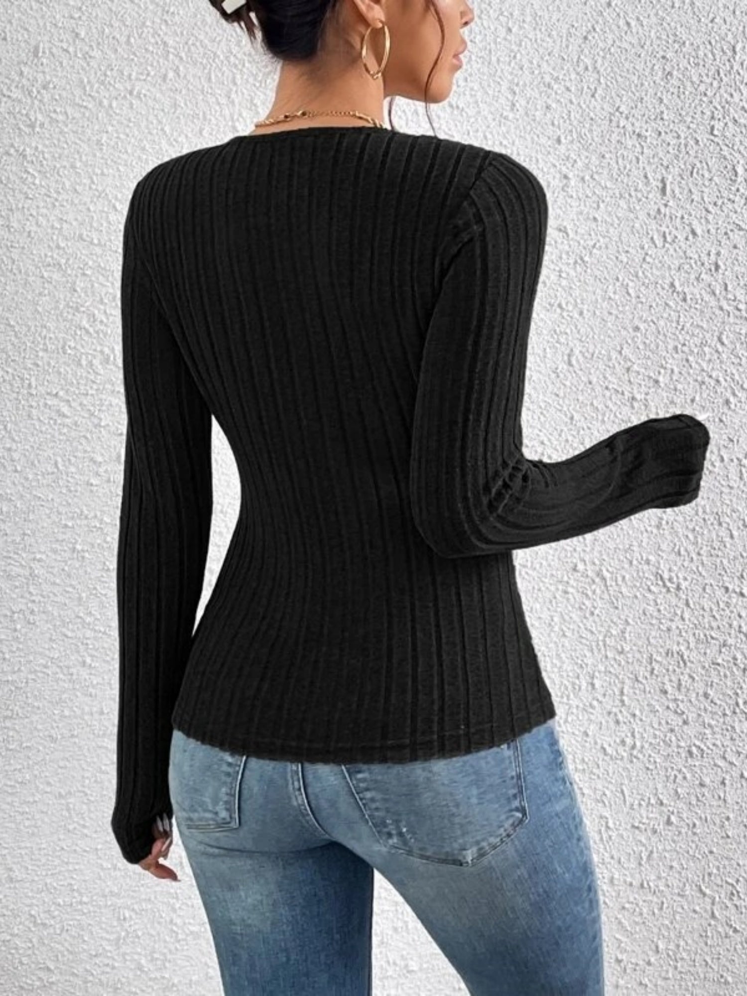 Drawstring V-neck Long-sleeved Brushed Ribbed Knit T-shirt Top