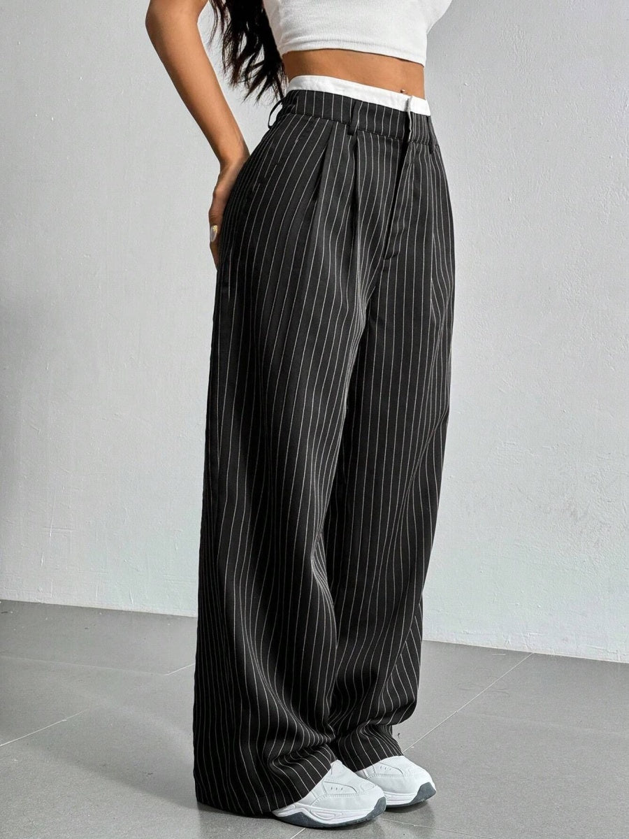 High Waist Color Matching Simplicity Drape Stripes Straight Wide Leg Pants
