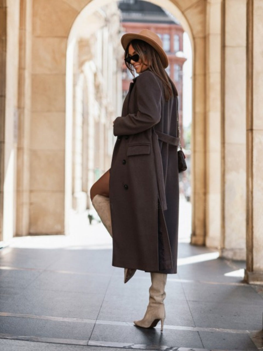 Simple Long-sleeved Suit Collar Tie Wool Solid Color Coats