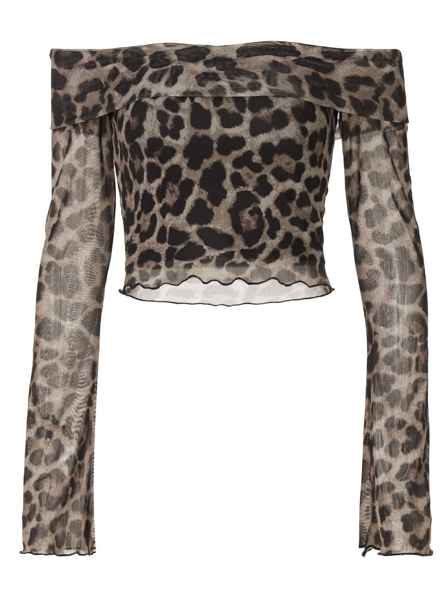 Sexy Off Shoulder Long Sleeve Navel Leopard Print Sexy Top