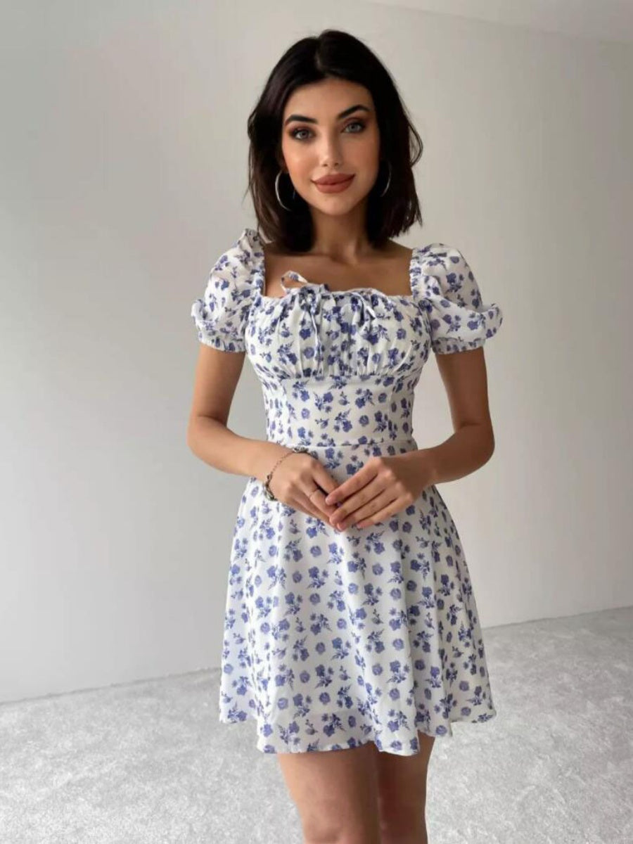 Zipper Floral Printed Short sleeve Mini&Short Dresses
