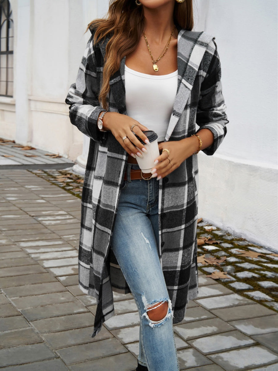 Contrasting Colors Pocket Plaid Mid-length Coats